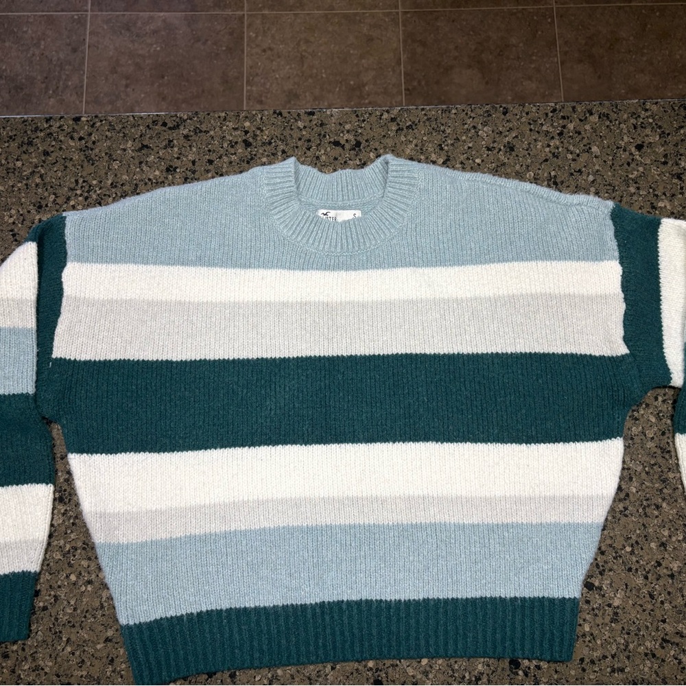 Hollister Women's Crewneck Sweater in Teal and White Stripes
